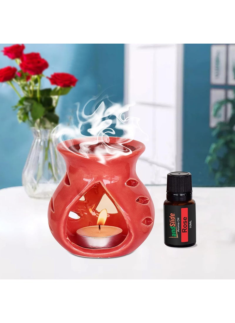 LandSlide LandSlide Ceramic Aroma Burner Oil Diffuser 35 Inch 1 Piece Red with 10ml Rose and 1 Tealight Candle 