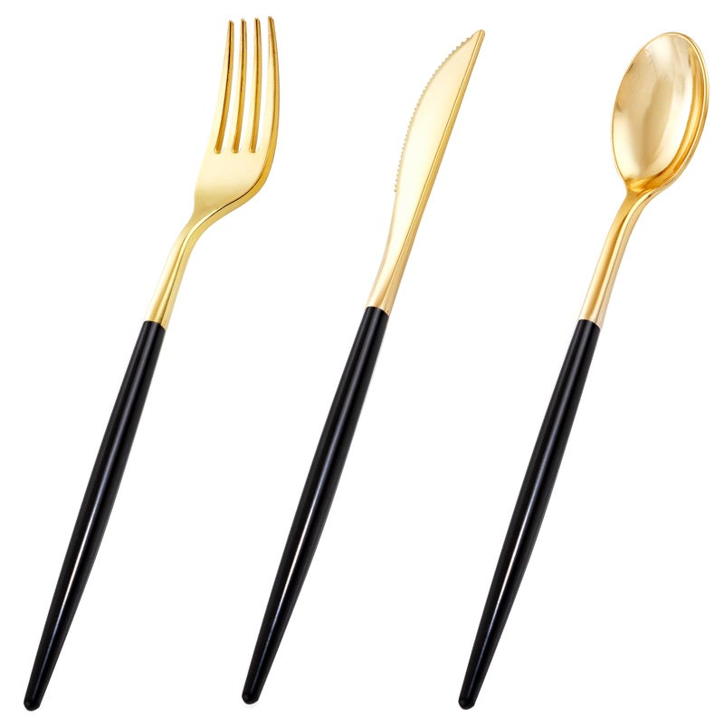 I00000 60 Pack Gold Silverware Set with Black HandleHeavy Duty Black Plastic Cutlery Include 20 Plastic Forks 20 Knives 20 Spoons Plastic Utensils Set for Super Bowl Party
