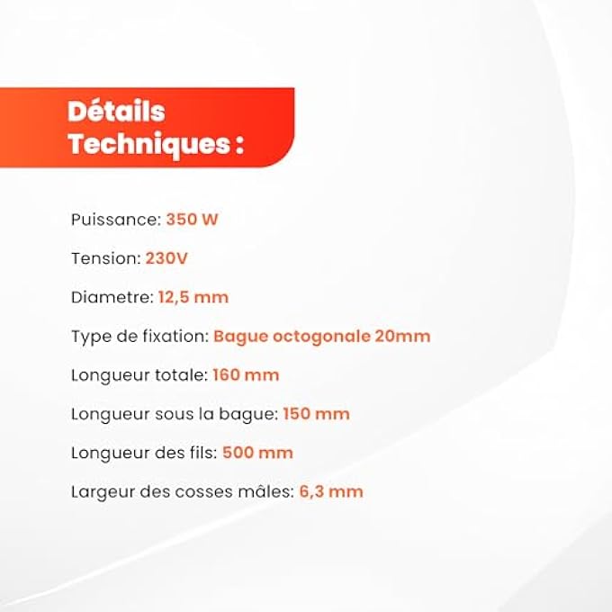 SPARK PLUG FOR PELLET STOVE - 350 W, 150 MM, DIAMETER 12.5 MM, BAR RING ATTACHMENT, SUPPLIED WITH 2 MALE TERMINALS - Image 3