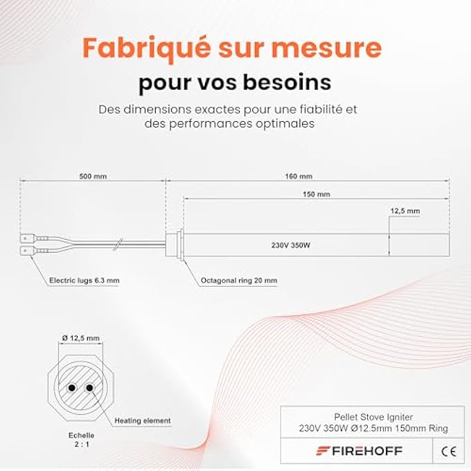 SPARK PLUG FOR PELLET STOVE - 350 W, 150 MM, DIAMETER 12.5 MM, BAR RING ATTACHMENT, SUPPLIED WITH 2 MALE TERMINALS - Image 2