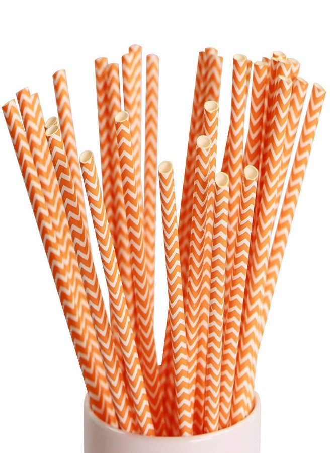 Webake 100 Pack Chevron Paper Straws Wave Patterned Drinking Straws Bulk 7.75 Inch Disposable Biodegradable Restaurant Supplies for Thanksgiving Table Decor Orange Striped - Image 1