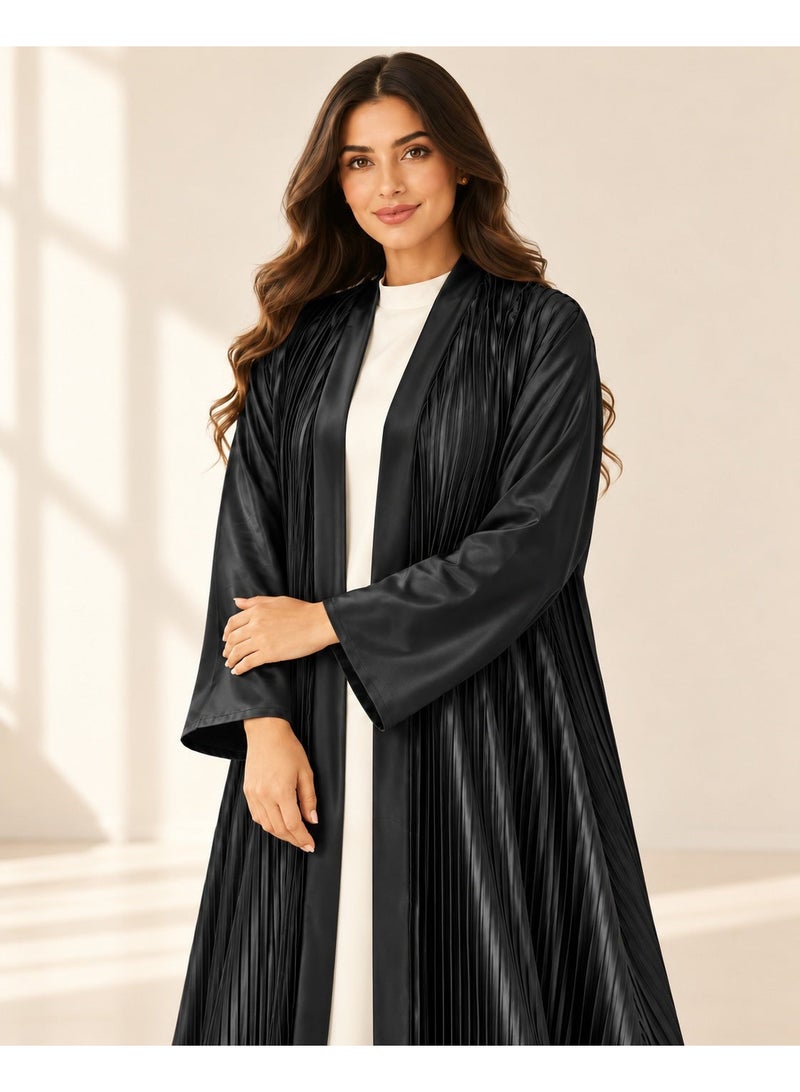 KAVALEE Women's Black Pleated Satin Open Abaya with Front Band - Image 3