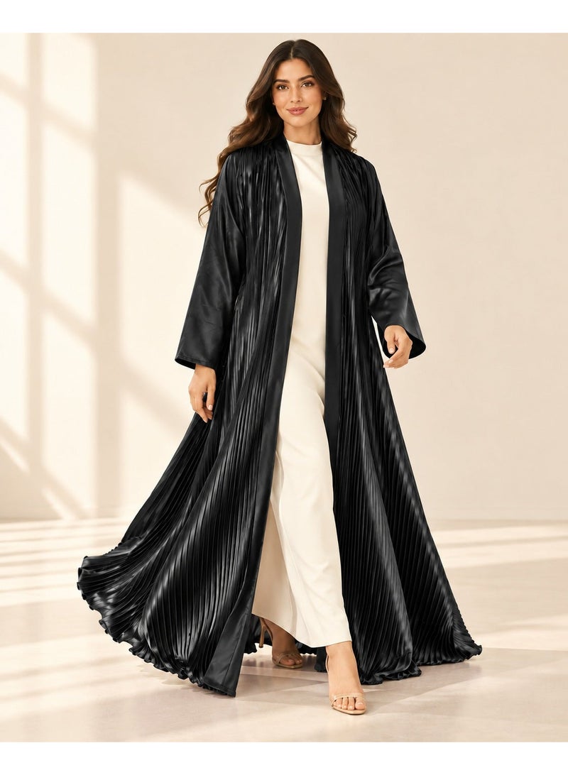 KAVALEE Women's Black Pleated Satin Open Abaya with Front Band - Image 2