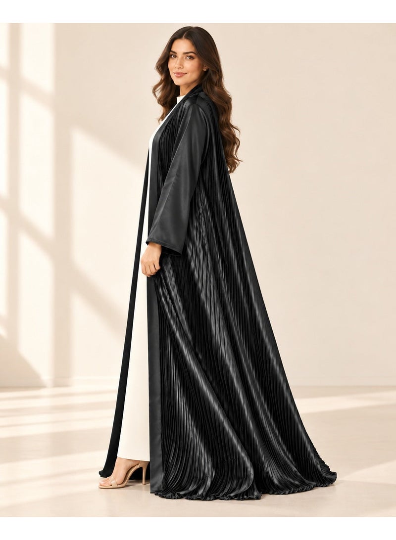 KAVALEE Women's Black Pleated Satin Open Abaya with Front Band - Image 4