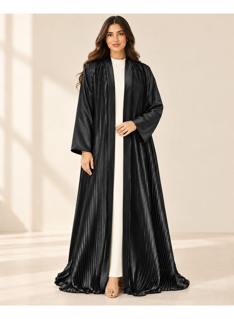 KAVALEE Women's Black Pleated Satin Open Abaya with Front Band - Image 1