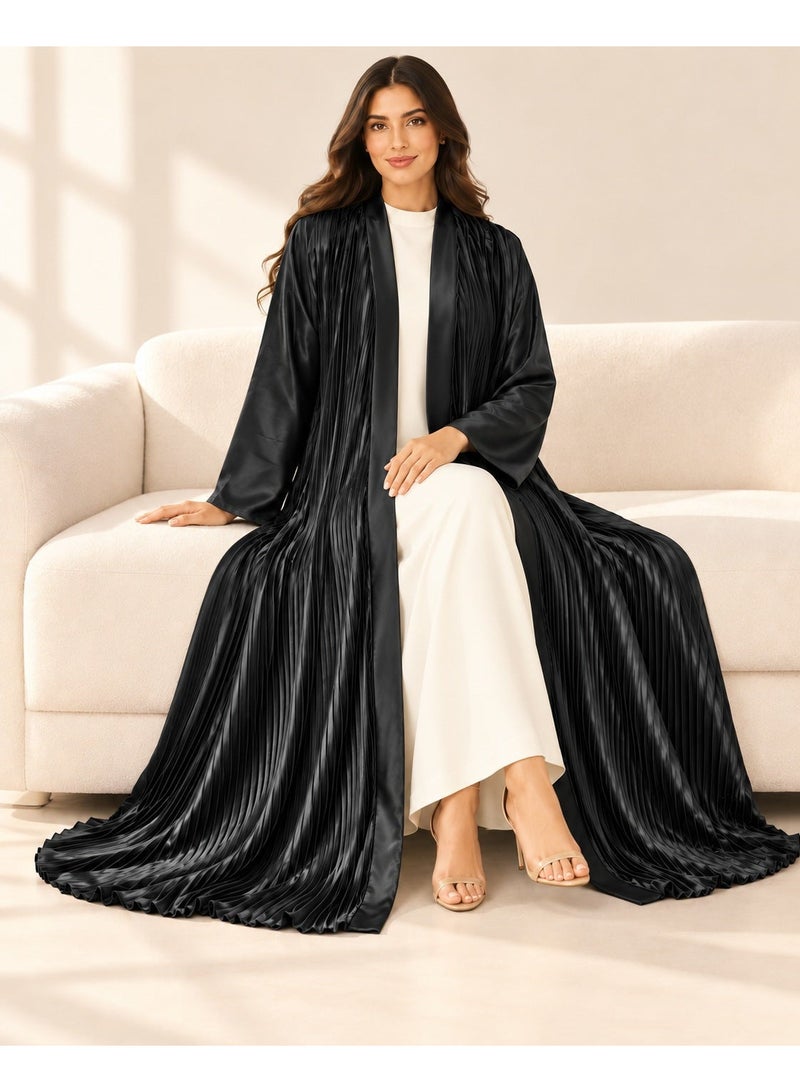KAVALEE Women's Black Pleated Satin Open Abaya with Front Band - Image 5