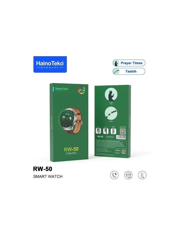 هينو تيكو - ساعة Haino Teko RW-50 الذكية - شاشة AMOLED - مقاومة للماء IP68 - 3 أحزمة - تدعم المكالمات وأوقات الصلاة - Image 1