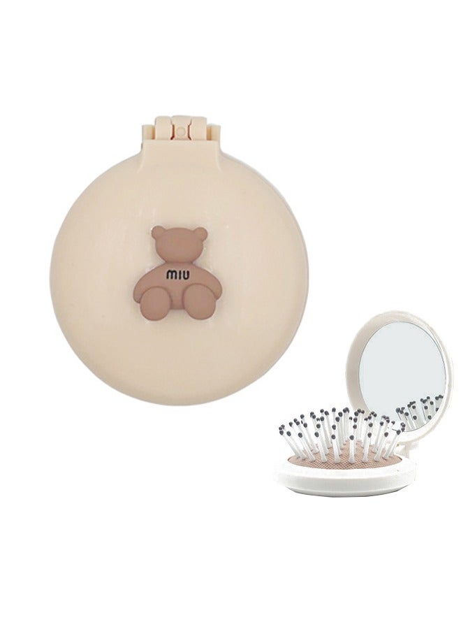 Mini Foldable Mirror Comb 2-in-1, Cartoon Mirror Comb, Portable Air Cushion Comb, Massage Comb Mirror in One (Beige)  - Image 1