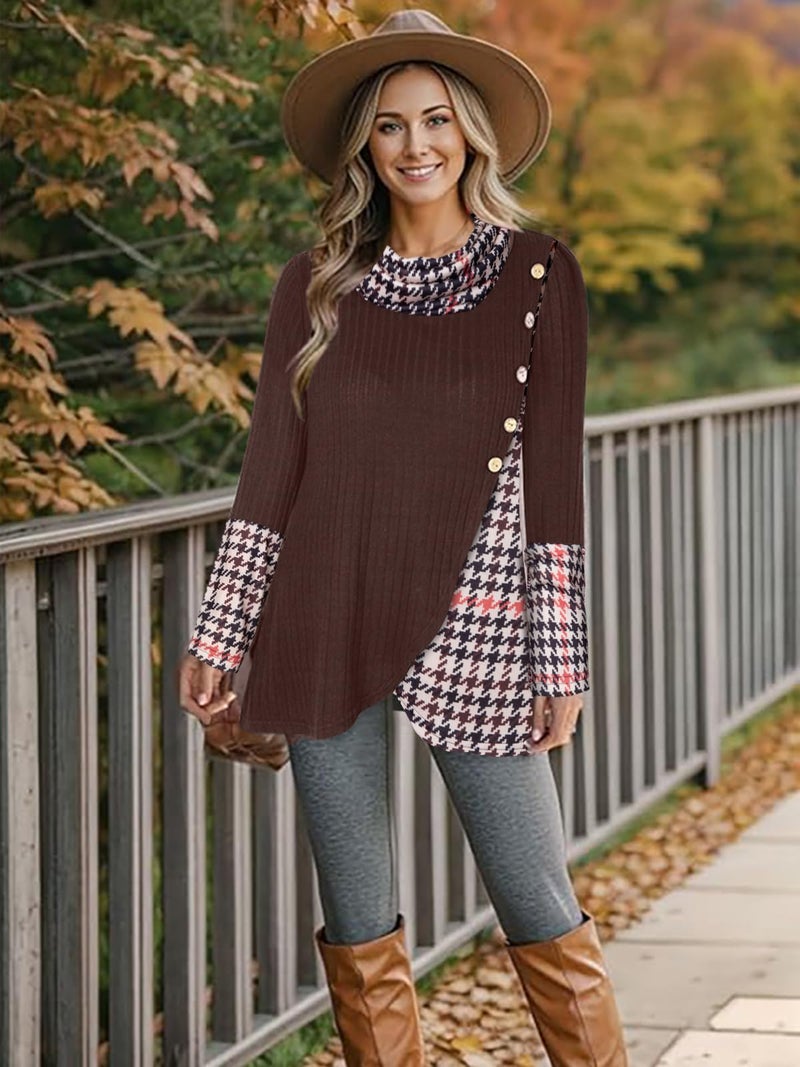 Miusey Cowl Neck Tunic Sweaters Fall Tunic Tops for Women 2025 Winter Vintage Pullover Sweatshirts Dark Brown Black Plaid L - Image 4