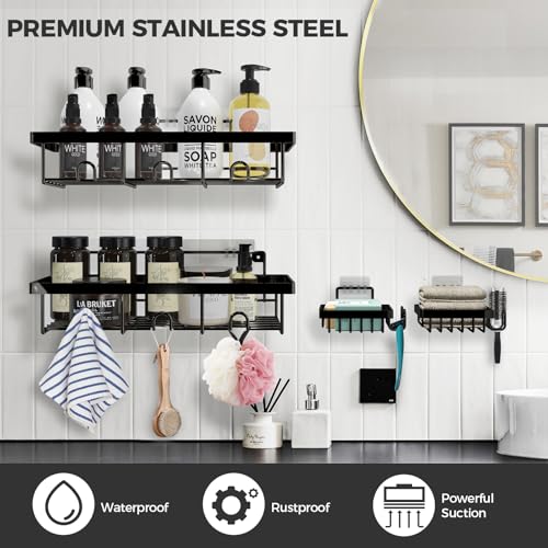 YAWSOUP 4-Pack Adhesive Shower Caddy - Rustproof Stainless Steel Shower Organizer - Large Capacity No-Drill Shower Shelves for Inside Shower Storage - Versatile Wall Mount Rack for Bathroom & Kitchen (Black) - Image 2