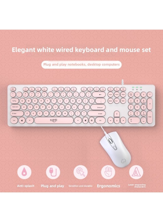 Film Suit Cute Typing Girls Keyboard Wired Mechanical Office Punk Computer Pink Mute Feel Mouse-Color:White-pink Keyboard [light Sound Of Keys √ Clear Characters And Wear-resistant] + Silent Mouse - No - Official Standard  - Image 1