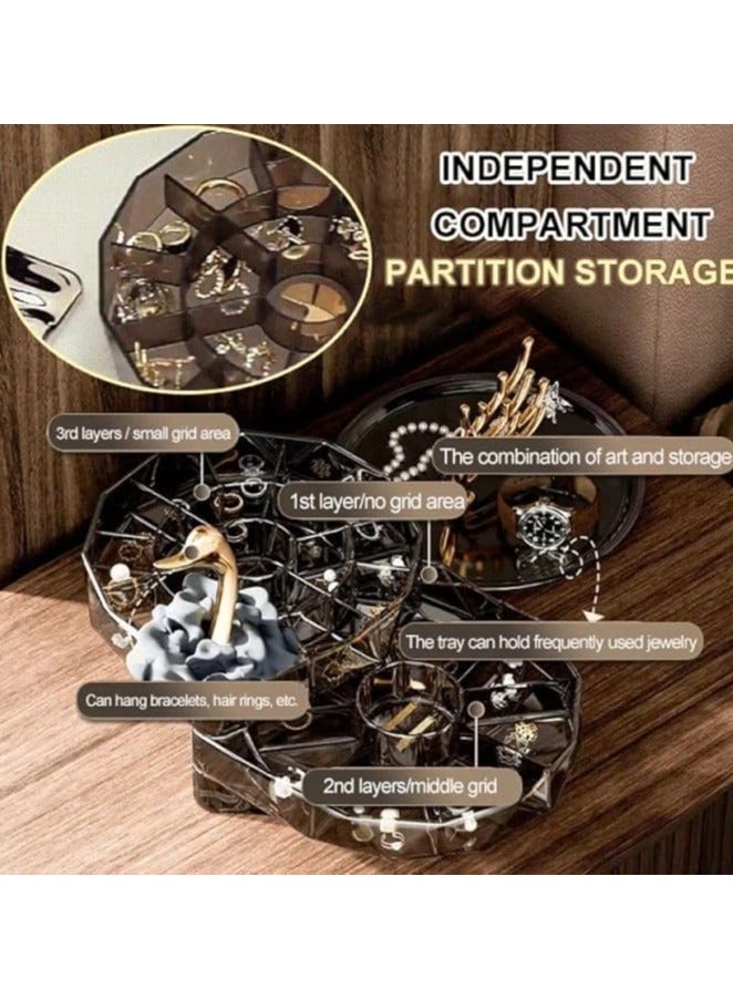 صندوق تنظيم المجوهرات الفاخرة على شكل بجعة إبداعية من 3 طبقات، منظم مجوهرات بلاستيكي ذو سعة كبيرة، حامل تخزين (رمادي شفاف) (ألوان متنوعة) - Image 3