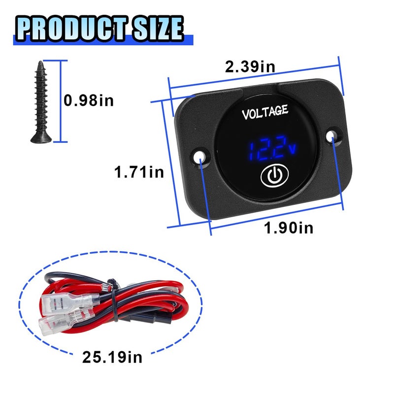 LHDOS 12V Car Voltage Gauge, Waterproof Voltmeter Panel Battery Voltage Meter, LED Digital Display Voltage Gauge with Touch Switch, DC 12V 24V Battery Monitor for Car Truck ATV UTV Boat Marine (1 Set) - Image 2