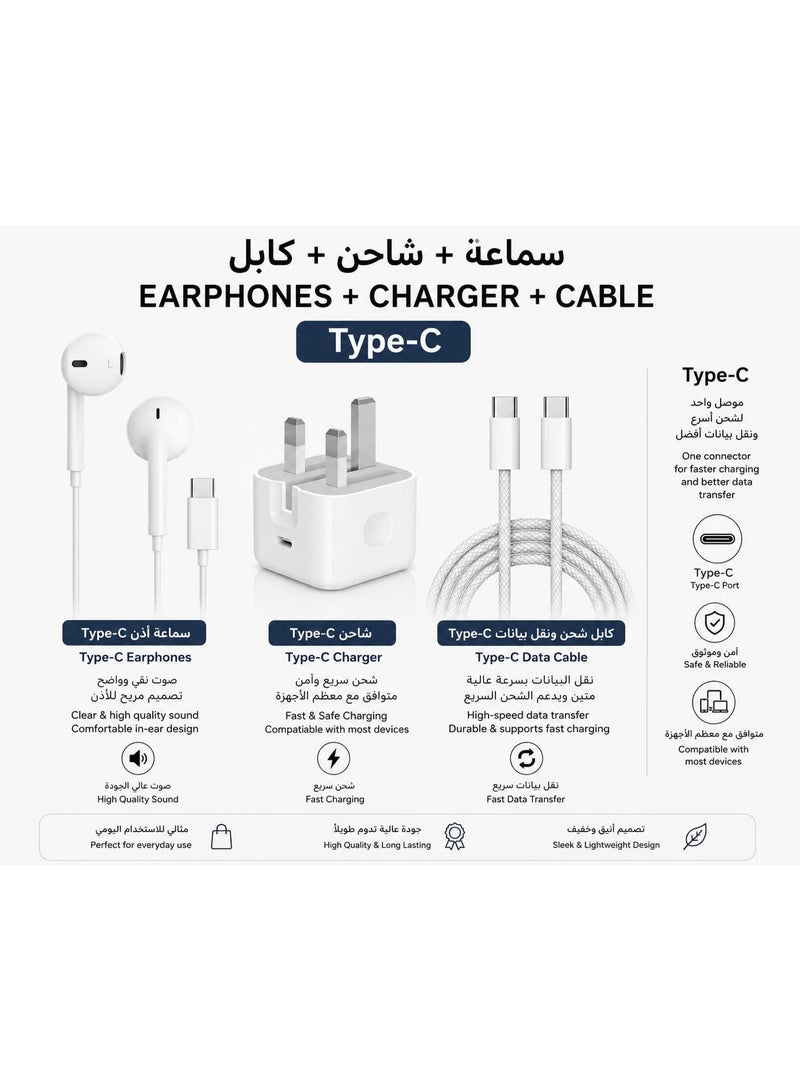 تنبلس شاحن جداري سريع 3 في 1 لجهاز iPhone 20W USB C + كابل USB C إلى USB C + سماعات أذن USB C متوافقة مع iPhone 17/17 Pro/17 Pro Max/16/15 أبيض - Image 1