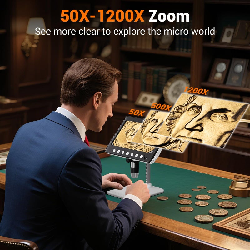WINWEND Coin Microscope for Error, 7'' LCD Magnifying Glass with Light, 1200X & 1080P Soldering Microscope, 32GB Coin Magnifier with 8 Adjustable LED Lights, Cool Gadgets Microscopes for Coins, Jewelry - Image 4