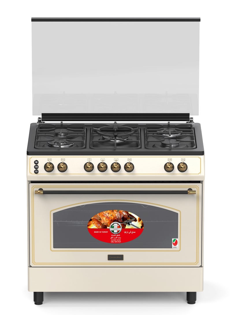 Generaltec 90x60cm Gas Cooking Range – 5 Burners, 3 Wok Burners, Dual Convection Fan Oven, Auto Ignition, Full Safety, Oven Light, Closed Door Grill, Heavy Duty Cooker | Assembled in Turkey with Italian Parts | Model GCTR98CR | 1 Year Warranty - Image 1