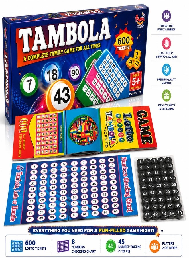 Premium Tambola Game Set with 600 Tickets for Family & Group Fun | Housie Bingo Board Game Kit for Kids & Adults Numbers Calling Board, Reusable Number Tokens & Lottery Tickets - Image 2