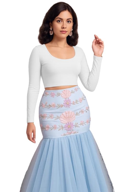 JOVO Readymade Fitted Saree Blouse for Women Full Sleeve Square Round U Neck Regular fit Stretchable Pullon Western Stylish Crop Top NJ1 1059 M WHT White - Image 1