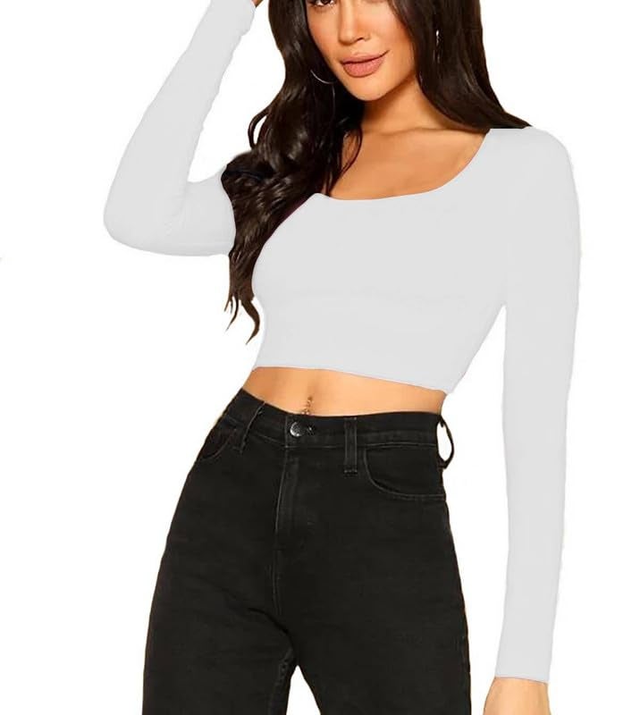 JOVO Readymade Fitted Saree Blouse for Women Full Sleeve Square Round U Neck Regular fit Stretchable Pullon Western Stylish Crop Top NJ1 1059 M WHT White - Image 3