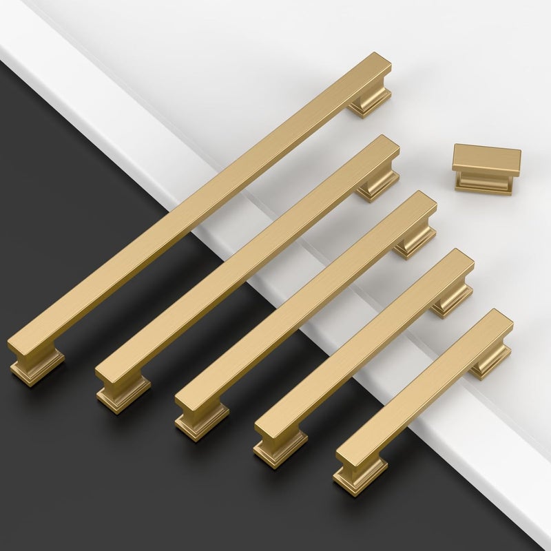 Amerdeco 10 Pack Champagne Bronze Cabinet Knobs 1.46 Inch(37mm) Solid Gold Kitchen Cabinet knobs Rectangle Brushed Brass Drawer Knob for Bathroom Cabinets ZH00013 - Image 2