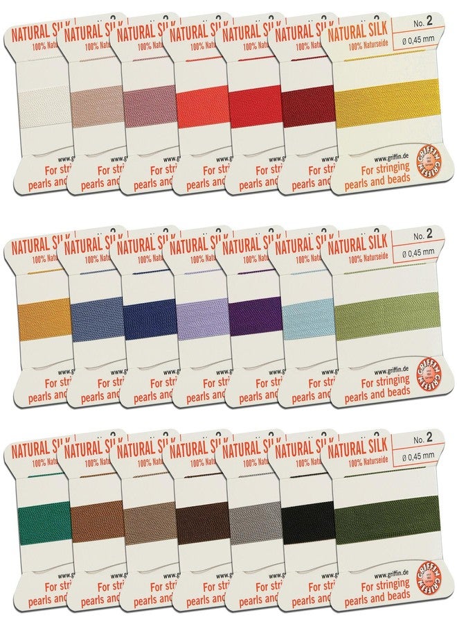 Griffin Silk Bead Cord Perlseide - Size 2 (0.45mm) 21 Color Sampler - 2 Meters per Card - Stainless Steel Needle Attached - for Knotting Pearls, Gemstones, Crystals and Beads - Image 1