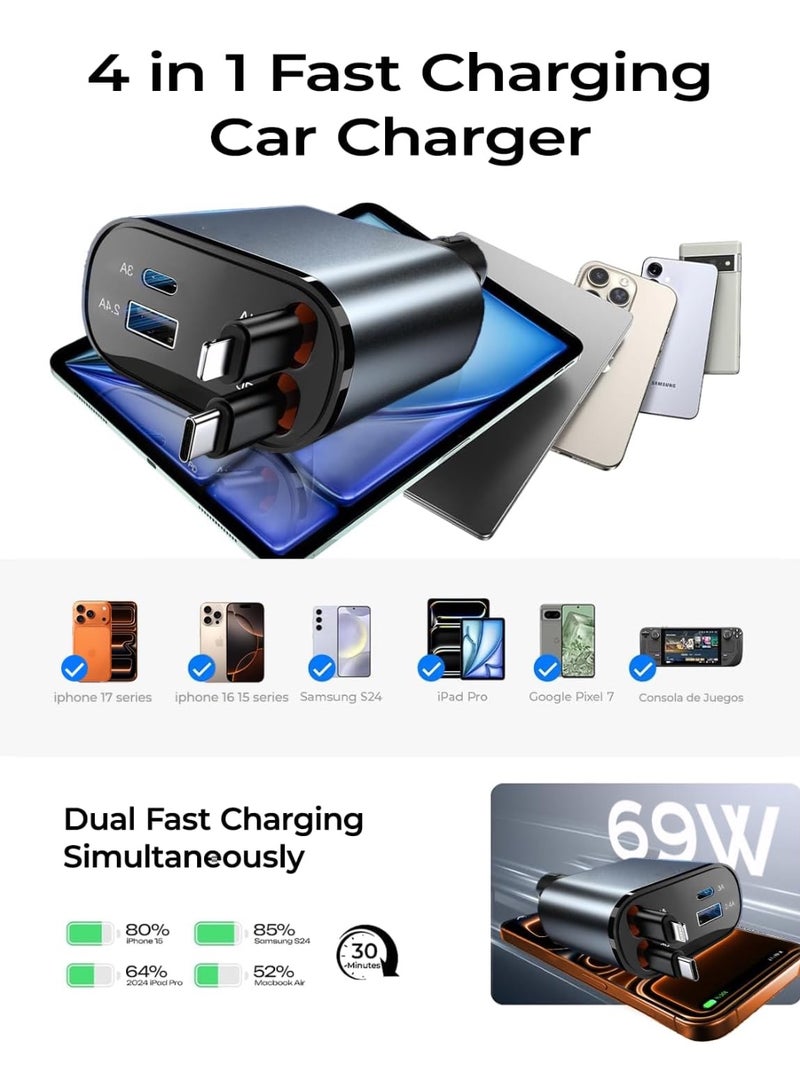 Type-C Car Charger for iPhone 16 Retractable Car Fast Charger Adapter Convenient, Quick, and Efficient Charging Unisex Gift Compatible with Apple iPhone 16e/15/14/13 Pro Max Plus, Samsung Galaxy, and Android Devices - Image 5