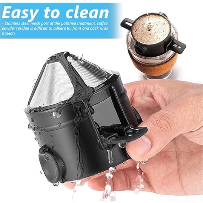 GraGra Coffee Pour Filter Cup Stainless Steel Cone Coffee Dripper Filter Reusable Pour Over Coffee Funnel Dripper With Foldable Hanging Ear Fits Most Cups Black - Image 5