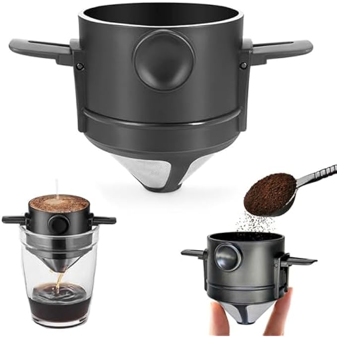 GraGra Coffee Pour Filter Cup Stainless Steel Cone Coffee Dripper Filter Reusable Pour Over Coffee Funnel Dripper With Foldable Hanging Ear Fits Most Cups Black - Image 1