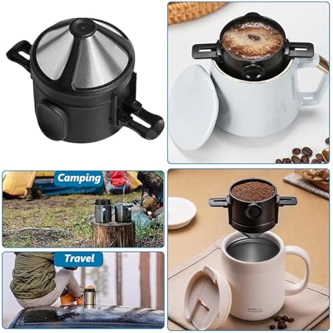 GraGra Coffee Pour Filter Cup Stainless Steel Cone Coffee Dripper Filter Reusable Pour Over Coffee Funnel Dripper With Foldable Hanging Ear Fits Most Cups Black - Image 3