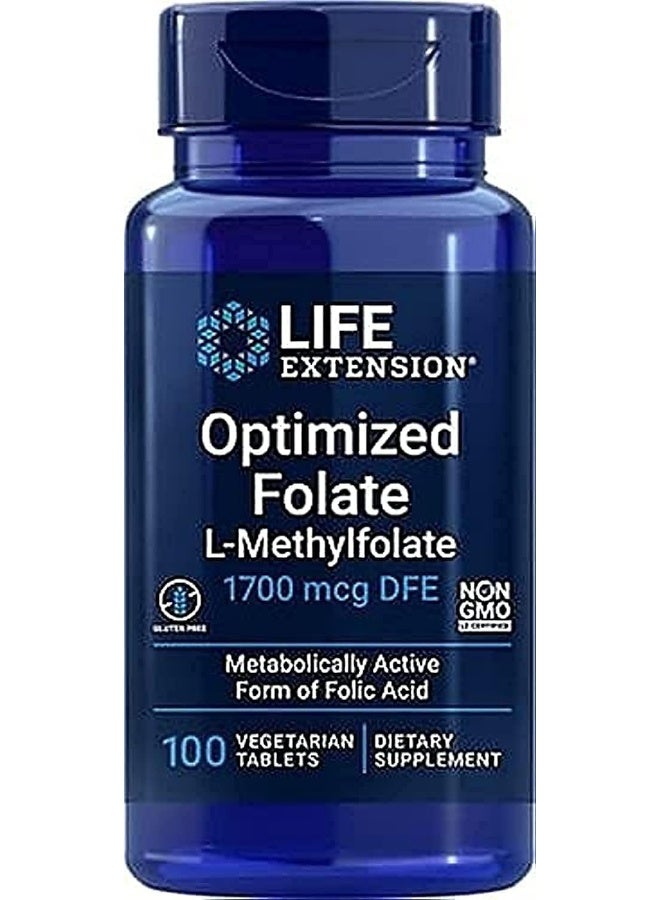 Life Extension مكمل فولات L-ميثيل فولات المحسن من لايف إكستينشن 1700 ميكروغرام DFE، 100 قرص نباتي - Image 1