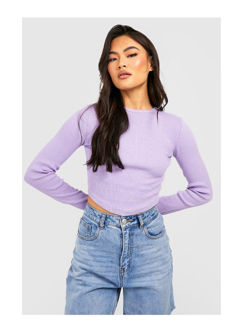 boohoo - Long Sleeve Corset Hem Rib Crop - Image 1