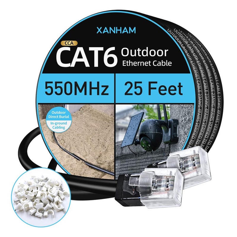 XANHAM Cat6 Outdoor Ethernet Cable 25 Feet Waterproof and UV Resistant Direct Burial Jacket CCA Copper Clad Cat 6 UTP Network Cable for Internet and Camera, CCTV - Image 1
