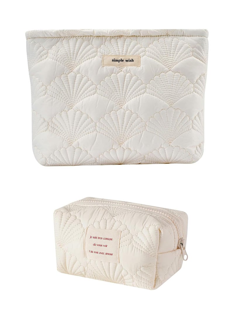 Excefore 2Pcs White Shells Quilted Cotton Makeup Pouch Set,Coquette Quilted Toiletry Bag for Women and Girls, Floral Coquette Organizer Bag, Aesthetic Travel Cosmetic Bags(White Shells) - Image 1