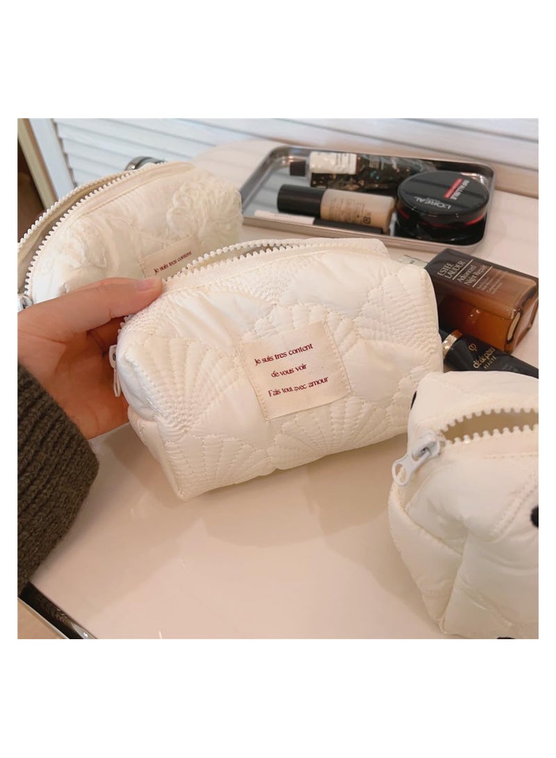 Excefore 2Pcs White Shells Quilted Cotton Makeup Pouch Set,Coquette Quilted Toiletry Bag for Women and Girls, Floral Coquette Organizer Bag, Aesthetic Travel Cosmetic Bags(White Shells) - Image 3