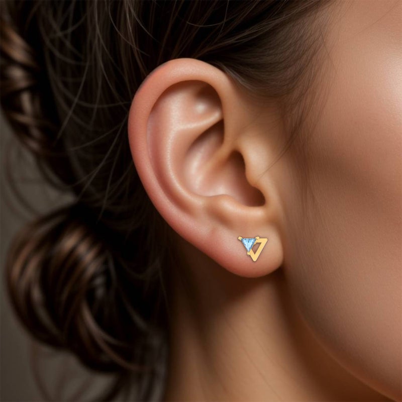 Instyle by L'azurde Inverted Triangle Blue Stone Stud Earrings in 14K Gold - Image 4