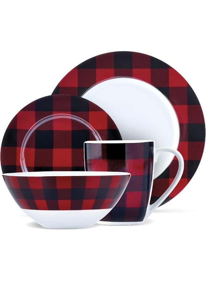 Safdie مجموعة أدوات المائدة من سافدي كو 16 قطعة باللونين الأحمر والأسود بتصميم مربعات تشمل الأطباق والأوعية والأكواب آمنة للغسل في غسالة الصحون - Image 1