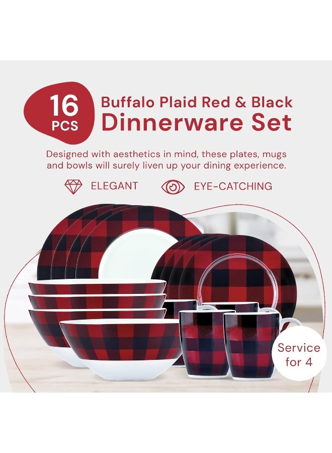 Safdie مجموعة أدوات المائدة من سافدي كو 16 قطعة باللونين الأحمر والأسود بتصميم مربعات تشمل الأطباق والأوعية والأكواب آمنة للغسل في غسالة الصحون - Image 2