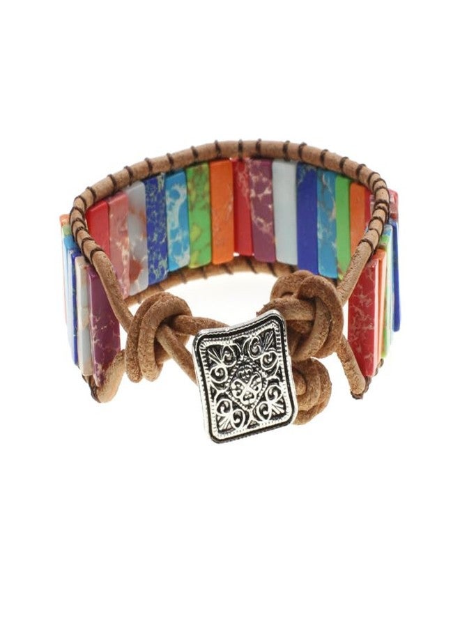 Moira Handmade Leather Rectangle Stone Beads Braided Wristband, Multicolour for Men and Women - Image 1