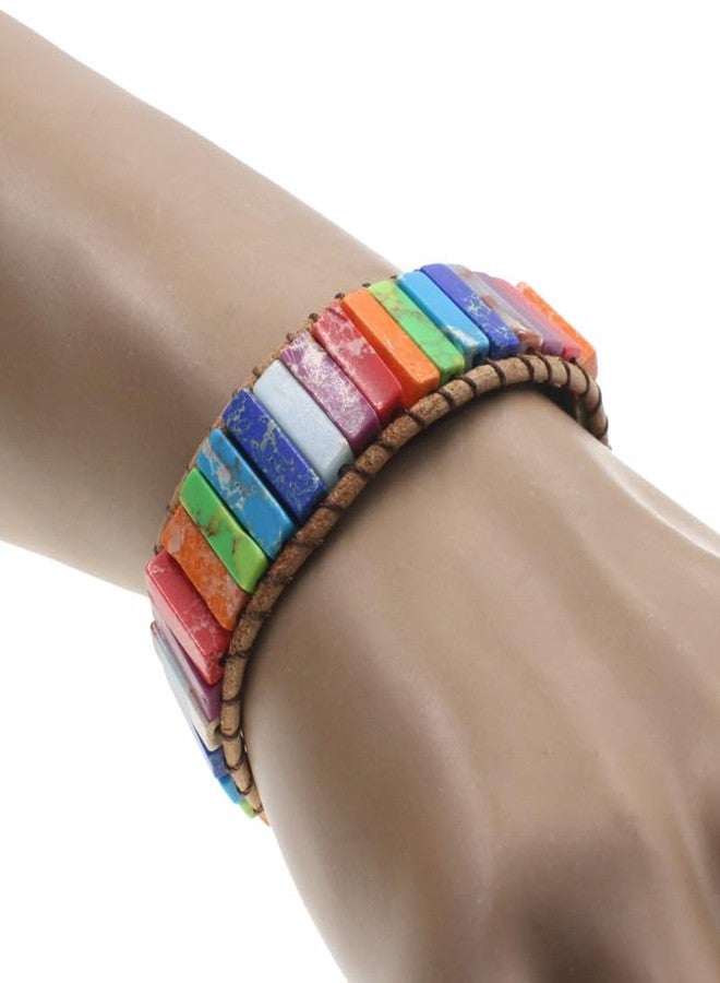Moira Handmade Leather Rectangle Stone Beads Braided Wristband, Multicolour for Men and Women - Image 4