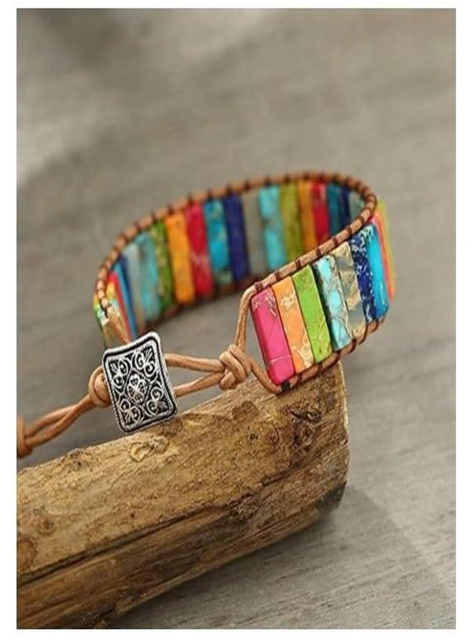 Moira Handmade Leather Rectangle Stone Beads Braided Wristband, Multicolour for Men and Women - Image 3