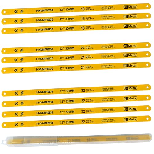 Hanpex Hacksaw Replacement Blade Sets (10 Pack) High Speed 3Pc. 18TPI / 3Pc. 24TPI / 4Pc. 32TPI- 12" Length Hack Saw Blade - Bi-Metal HSS Cutting Blades - Image 1