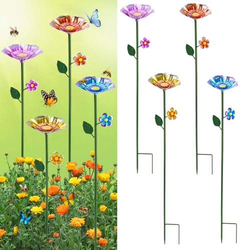 GoClimber 4 Pack Bee Watering Station Bee Bath for Garden Colorful Metal Bee Bird Butterfly Water Feeder Supplies for Outdoor Garden Yard Farm Decor Flower Design Blue Yellow Orange Purple - Image 1