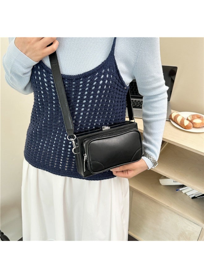 Black PU Leather Box Crossbody Bag with Adjustable Strap and Turn-Lock  Closure - Image 3