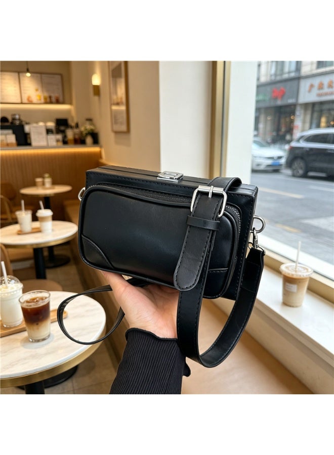 Black PU Leather Box Crossbody Bag with Adjustable Strap and Turn-Lock  Closure - Image 5