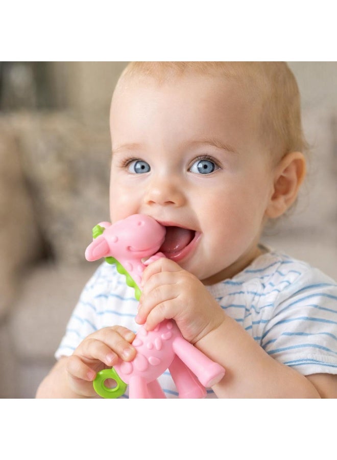 عضاضة أطفال زرافة من السيليكون خالية من BPA مع علبة تخزين للرضع من عمر 3 أشهر، تخفيف آلام اللثة، هدية حفل استقبال المولود، لون وردي - Image 5