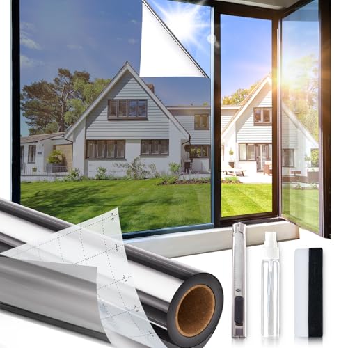 Windimiley One Way Privacy Window Film,Sun Blocking Window Film with 3 Tools, Heat & UV Blocking Window Tint Film for Home, Easy Install DIY Office Window Covering See Out Not in (17.5 x 78.7 Inch,Silver) - Image 1
