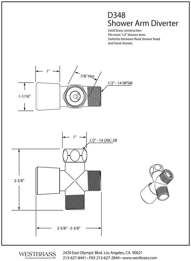 ويست براس صمام تحويل ذراع دش Westbrass مقاس 1/2 بوصة IPS، نيكل ساتان، D348-07 - Image 2