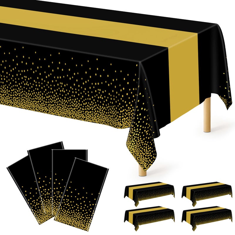 QZYL 4Pack Black and Gold Tablecloths for Events, 54" x 108" Plastic Table Cloth Disposable for Rectangle Tables, Waterproof Table Cloth Cover for New Years Eve Decorations Holiday Birthday Wedding Dining - Image 1