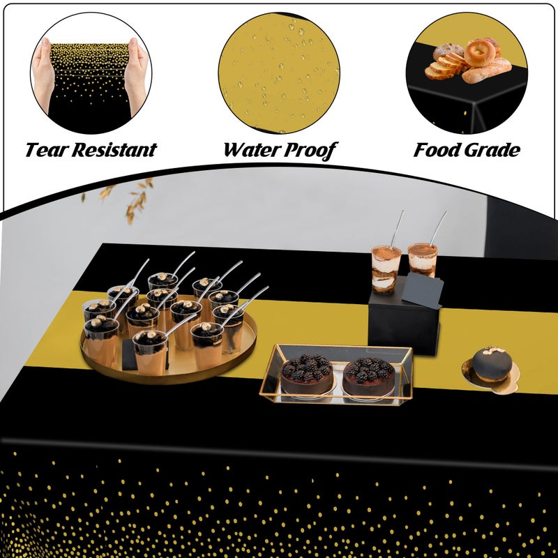 QZYL 4Pack Black and Gold Tablecloths for Events, 54" x 108" Plastic Table Cloth Disposable for Rectangle Tables, Waterproof Table Cloth Cover for New Years Eve Decorations Holiday Birthday Wedding Dining - Image 3