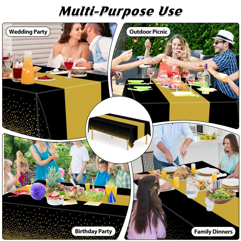 QZYL 4Pack Black and Gold Tablecloths for Events, 54" x 108" Plastic Table Cloth Disposable for Rectangle Tables, Waterproof Table Cloth Cover for New Years Eve Decorations Holiday Birthday Wedding Dining - Image 4